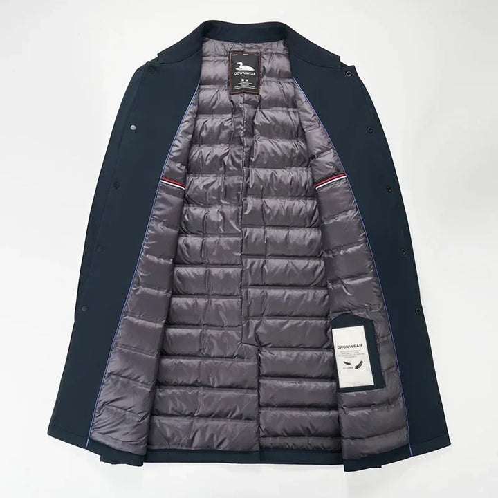 Men's structured padded long coat with shirt collar and snap front