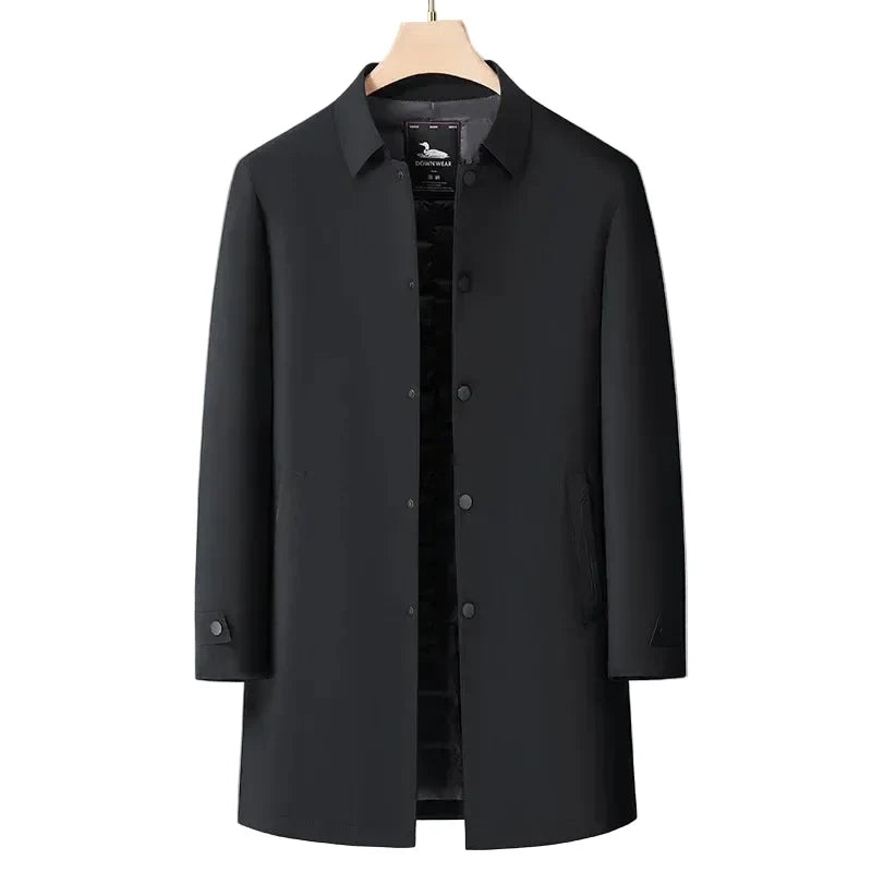 Men's structured padded long coat with shirt collar and snap front