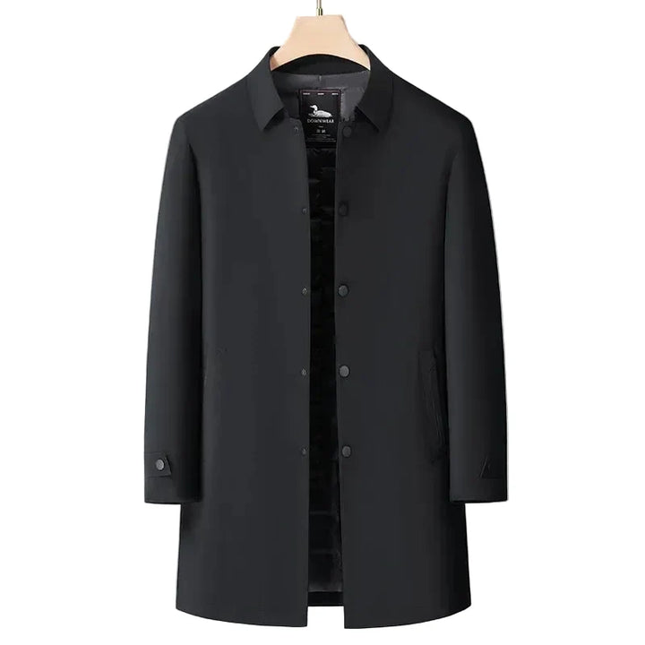 Men's structured padded long coat with shirt collar and snap front