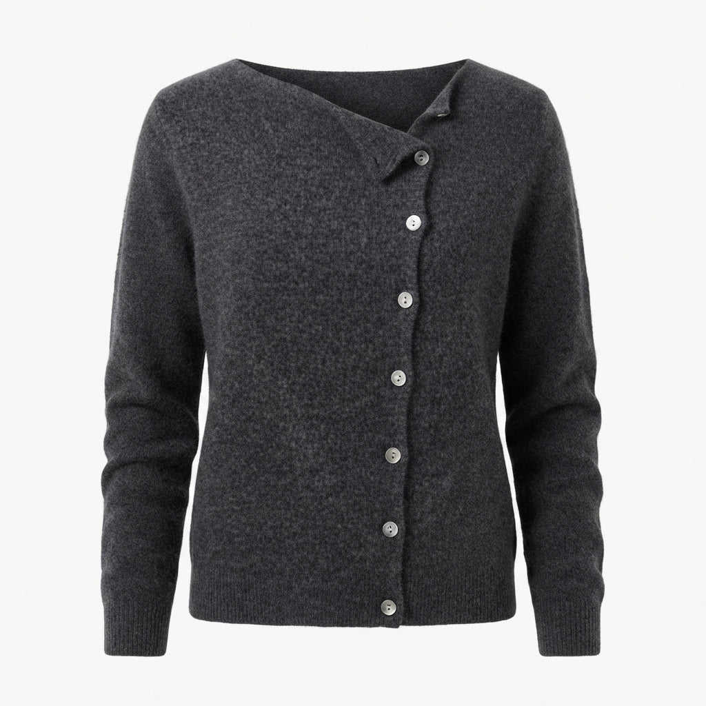 Women's long-sleeve cardigan with asymmetric button front and ribbed trims