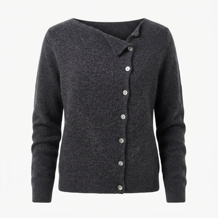Women's long-sleeve cardigan with asymmetric button front and ribbed trims