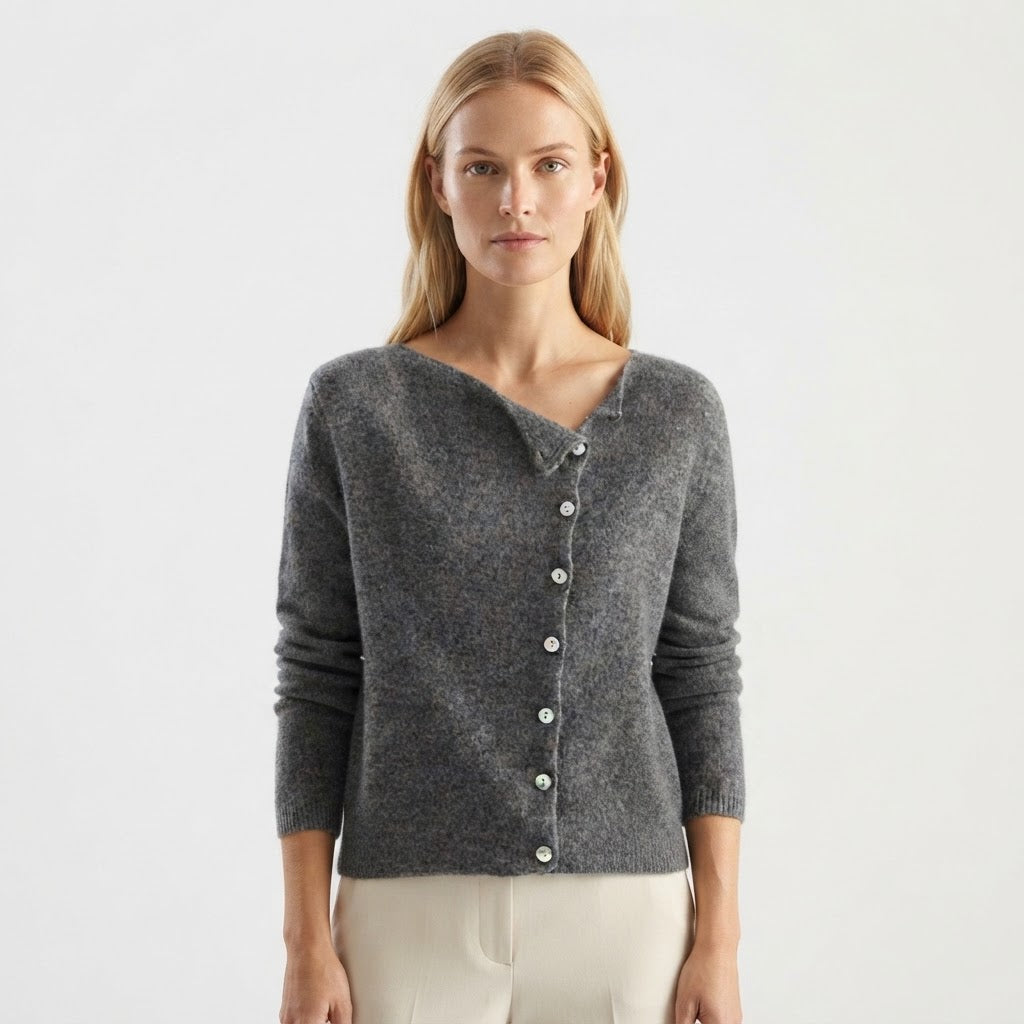 Women's long-sleeve cardigan with asymmetric button front and ribbed trims