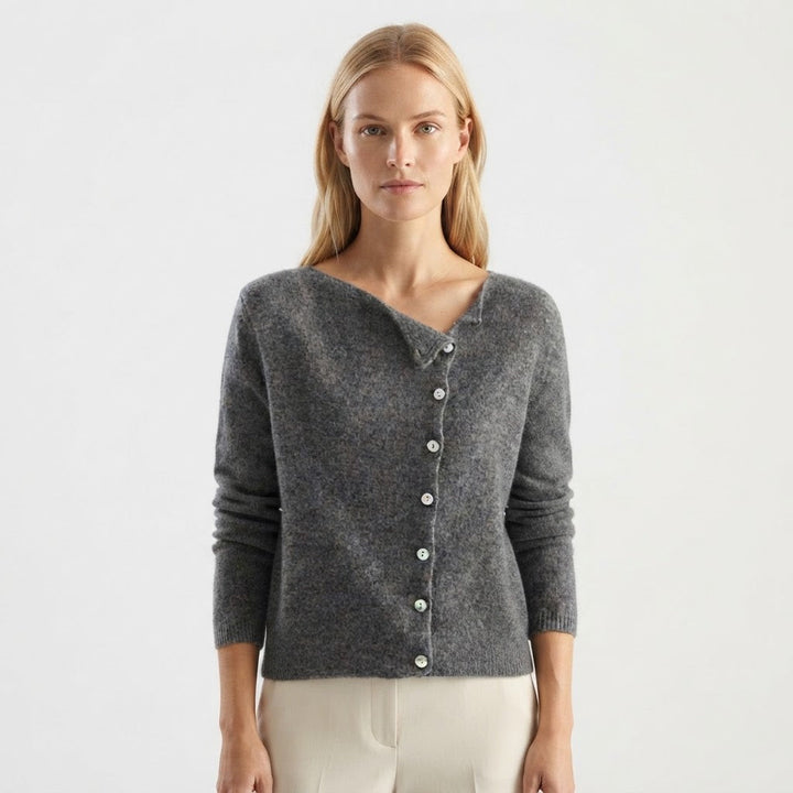 Women's long-sleeve cardigan with asymmetric button front and ribbed trims