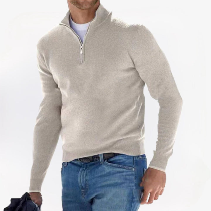 Men's long-sleeve quarter-zip sweater with a mock neck and ribbed trims