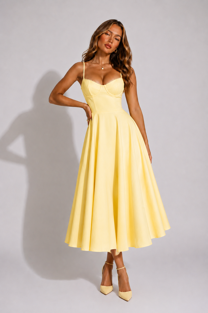 Women's Lace Trim Bustier Midi Dress, Tulle Hem Circle Skirt