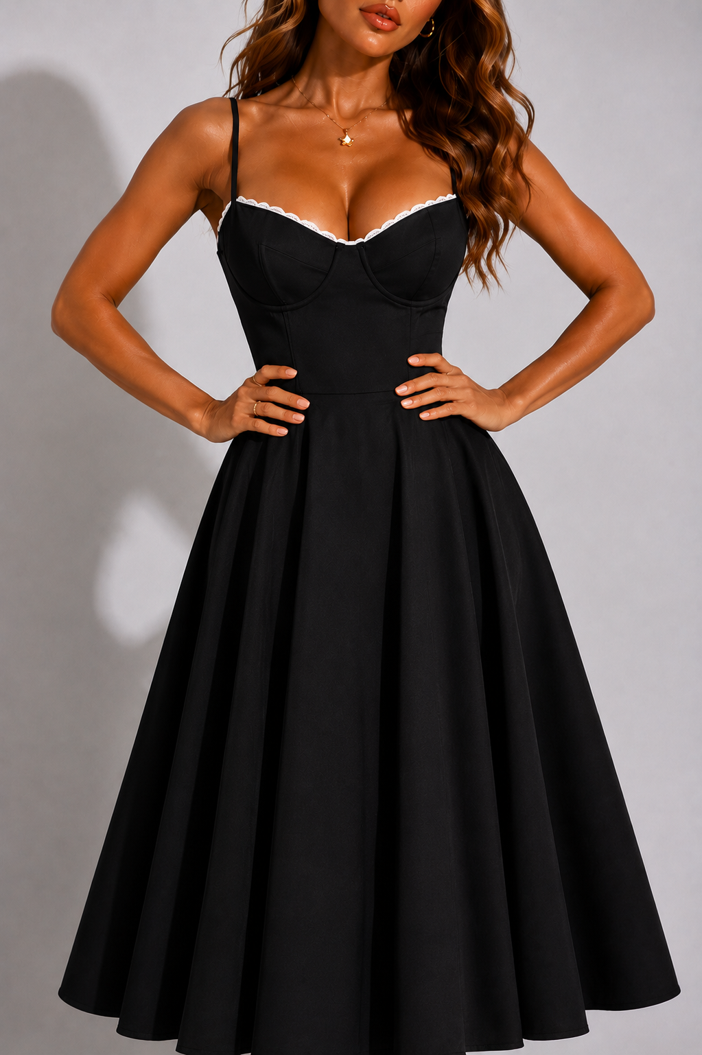 Women's Lace Trim Bustier Midi Dress, Tulle Hem Circle Skirt