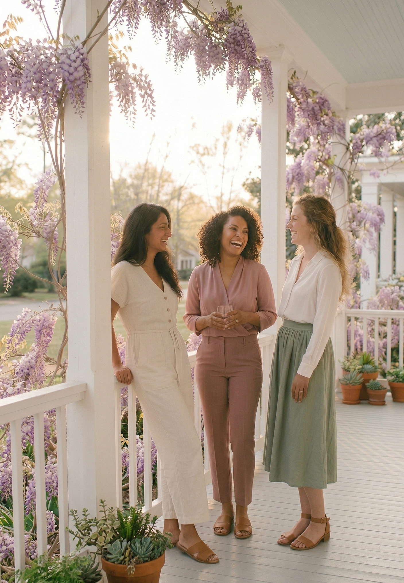Three women standing on a porch with wisteria flowers and potted plants.