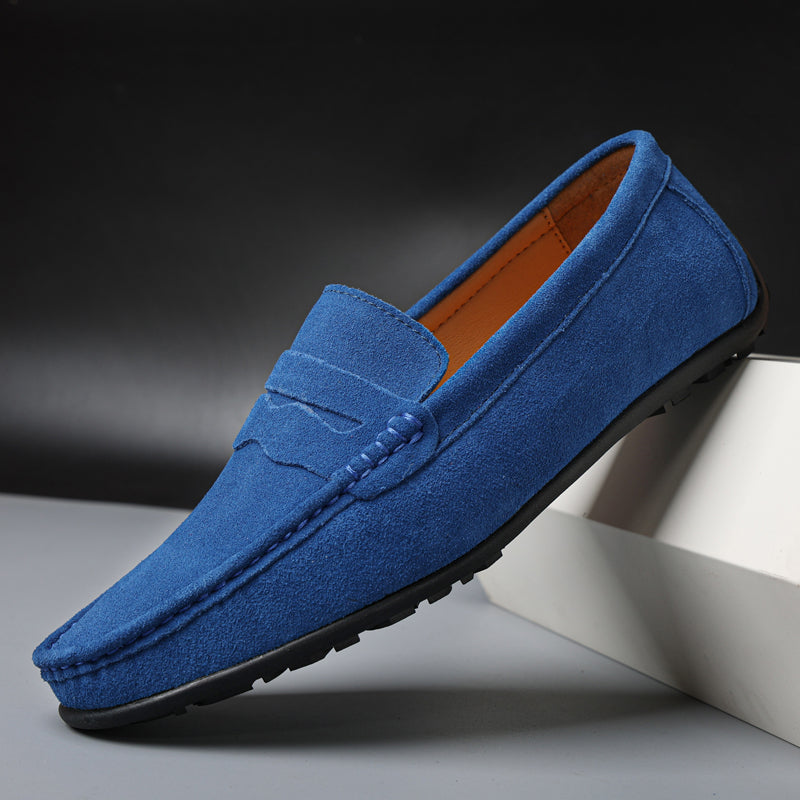 Men's slip-on penny loafers with rounded moc toes and flat soles
