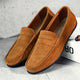Men's slip-on penny loafers with rounded moc toes and flat soles