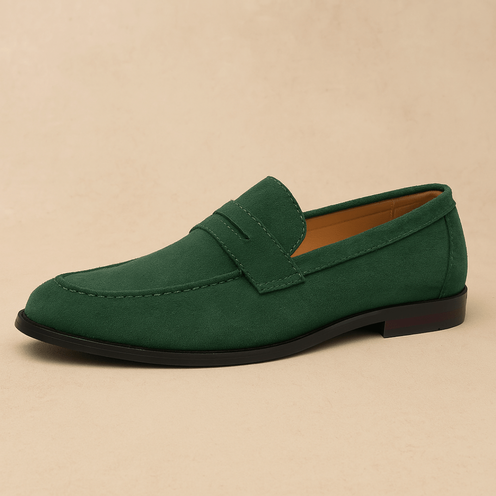 Men's penny loafers with moc toe, vamp strap and low heel