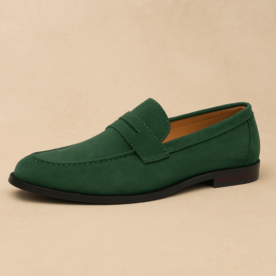 Men's penny loafers with moc toe, vamp strap and low heel