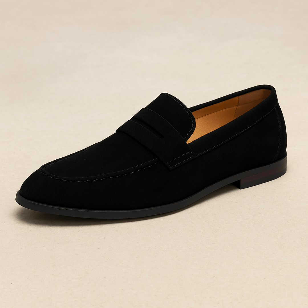 Men's penny loafers with moc toe, vamp strap and low heel
