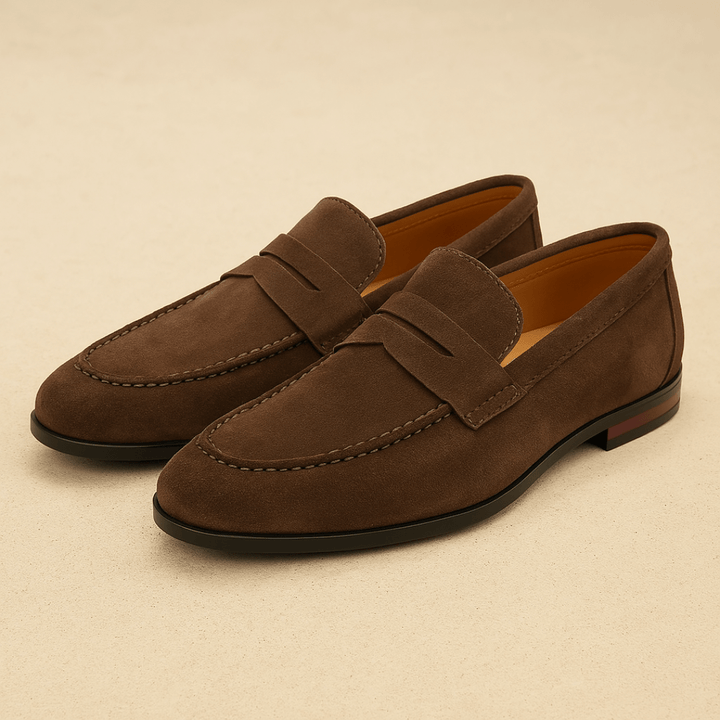 Men's penny loafers with moc toe, vamp strap and low heel