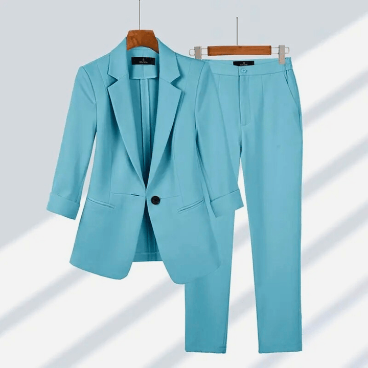 Women's tailored suit with notched lapel blazer and straight-leg trousers