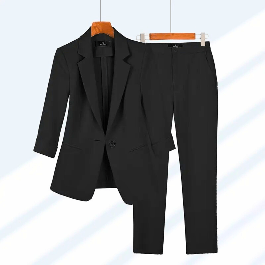 Women's tailored suit with notched lapel blazer and straight-leg trousers
