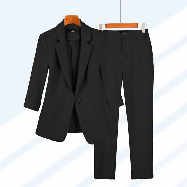 Women's tailored suit with notched lapel blazer and straight-leg trousers