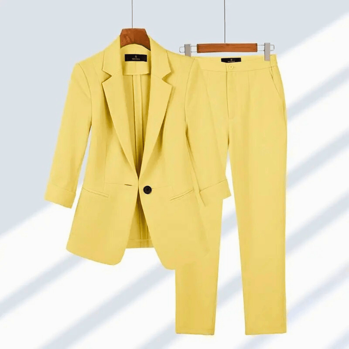 Women's tailored suit with notched lapel blazer and straight-leg trousers