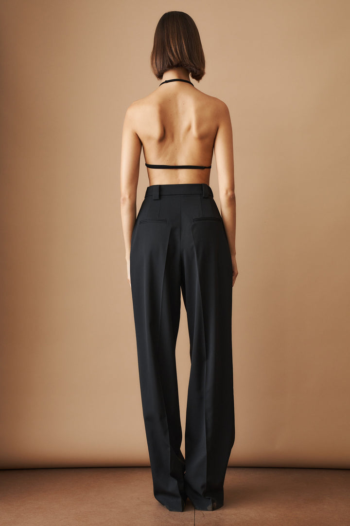 Women's black high-waisted pleated wide-leg pants with belt loops