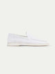 Men's white moc toe slip-on loafers with stitched detailing and flat soles