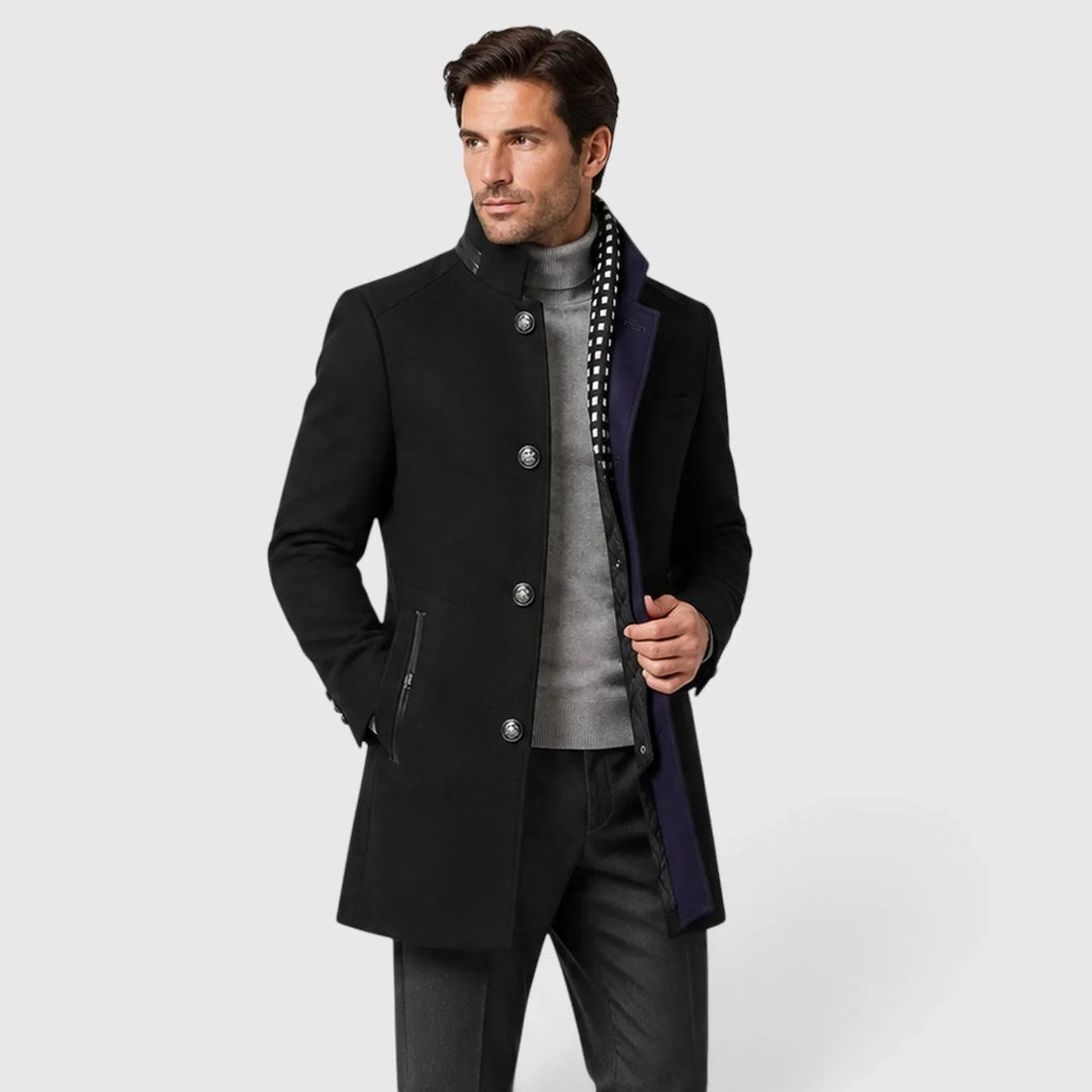 Men's long double-breasted coat with stand collar and zipped pockets