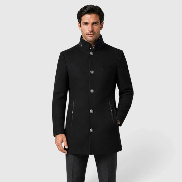 Men's long double-breasted coat with stand collar and zipped pockets