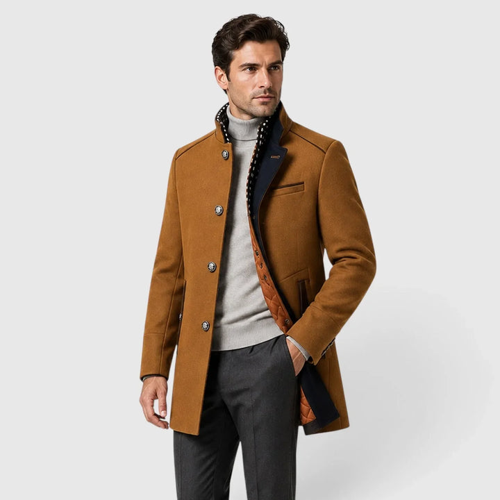 Men's long double-breasted coat with stand collar and zipped pockets