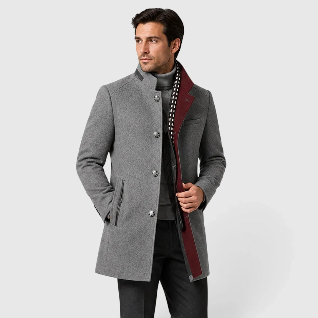 Men's long double-breasted coat with stand collar and zipped pockets