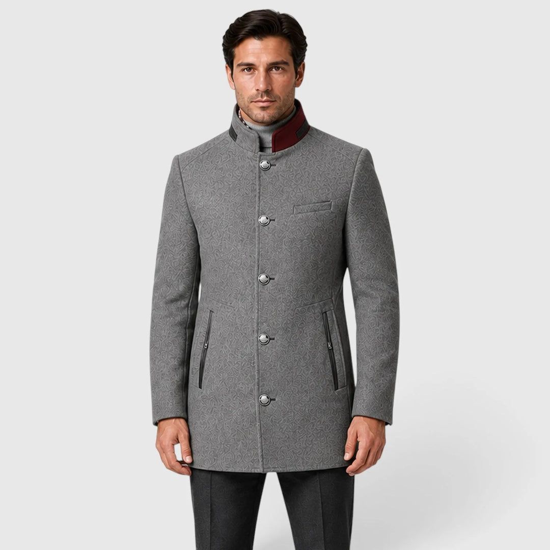 Men's long double-breasted coat with stand collar and zipped pockets
