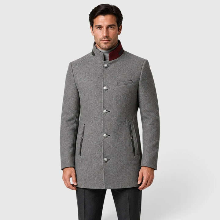 Men's long double-breasted coat with stand collar and zipped pockets