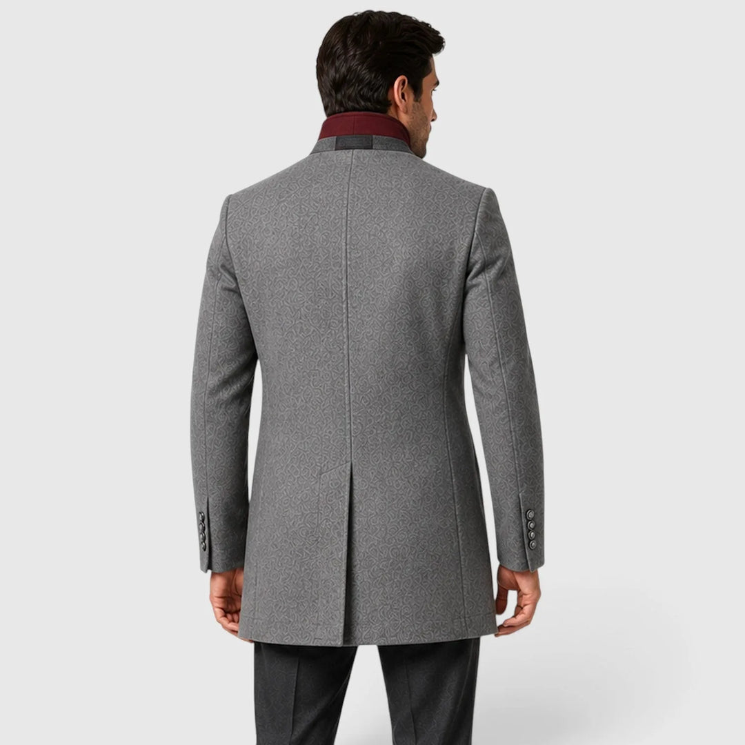 Men's long double-breasted coat with stand collar and zipped pockets