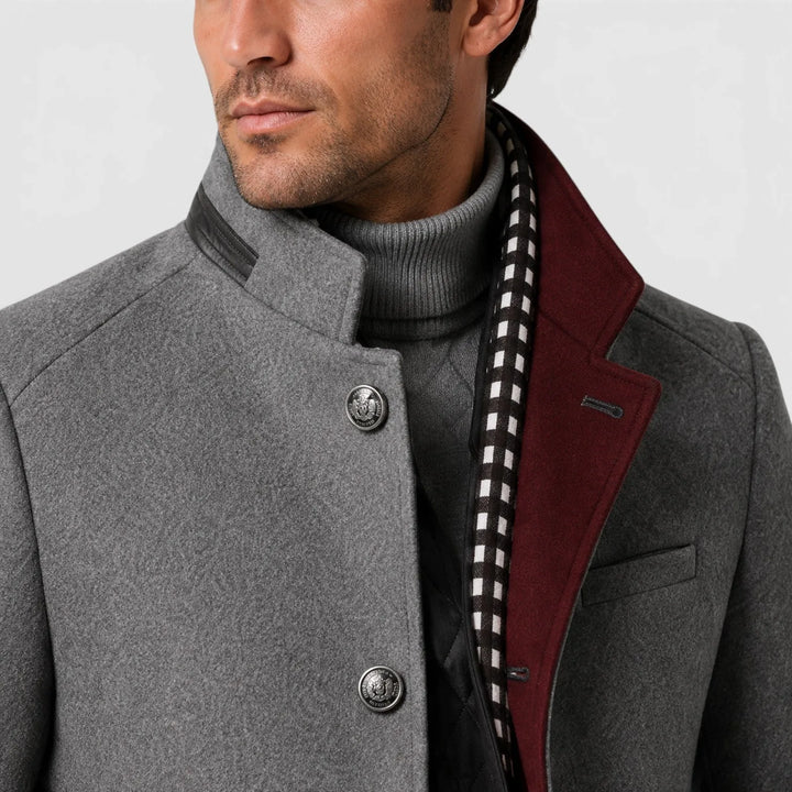 Men's long double-breasted coat with stand collar and zipped pockets