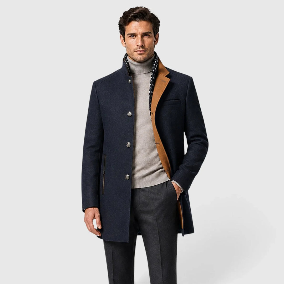 Men's long double-breasted coat with stand collar and zipped pockets