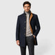 Men's long double-breasted coat with stand collar and zipped pockets