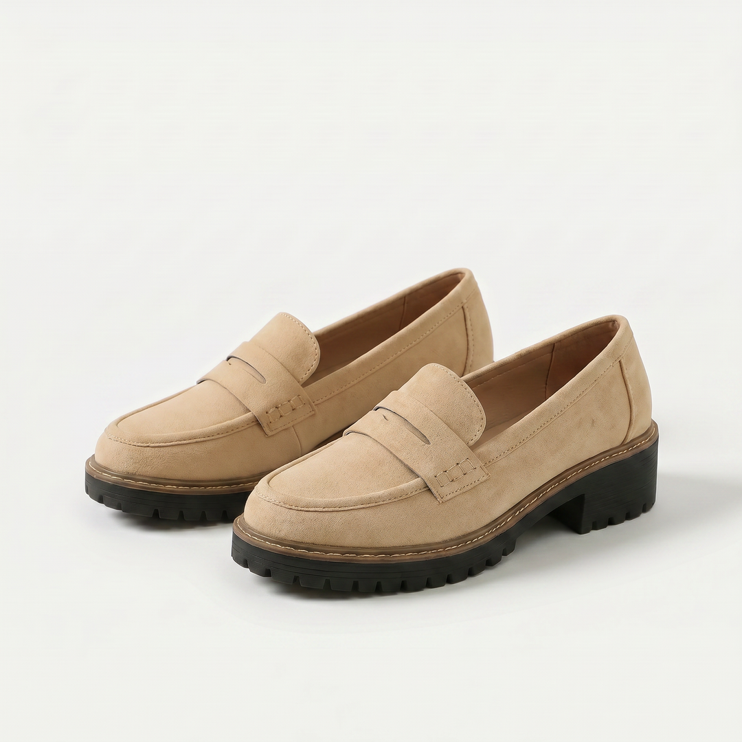 Women's penny loafers with rounded toes, chunky lugged soles and low block heels