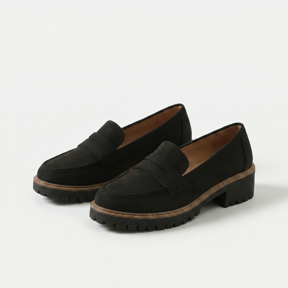 Women's penny loafers with rounded toes, chunky lugged soles and low block heels