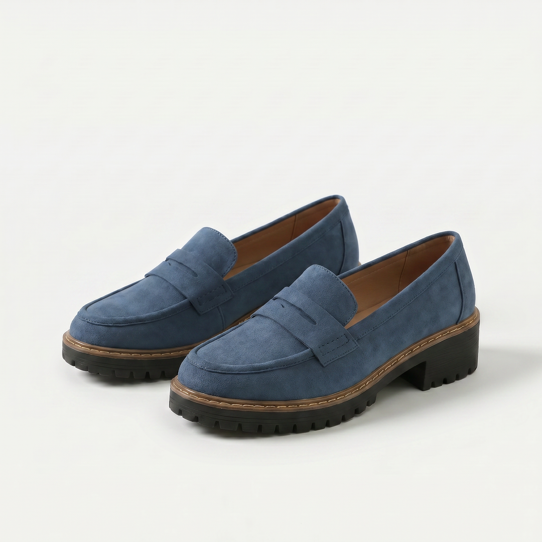 Women's penny loafers with rounded toes, chunky lugged soles and low block heels