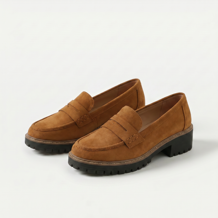 Women's penny loafers with rounded toes, chunky lugged soles and low block heels