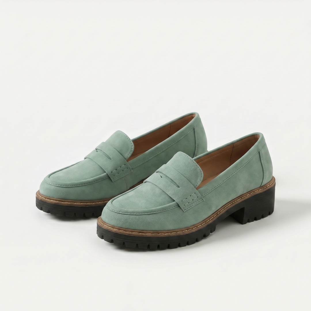 Women's penny loafers with rounded toes, chunky lugged soles and low block heels