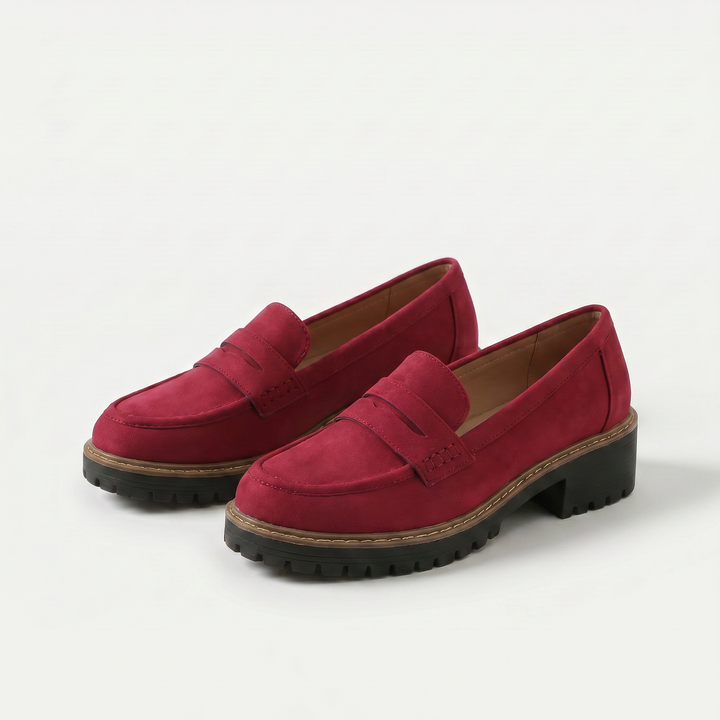 Women's penny loafers with rounded toes, chunky lugged soles and low block heels
