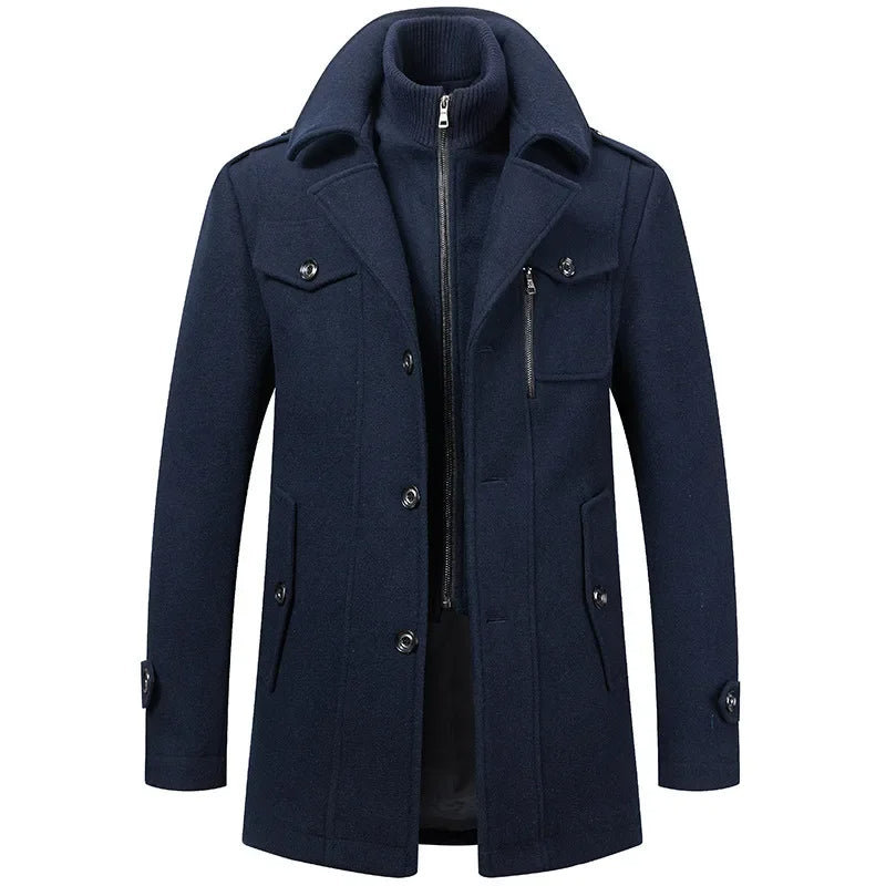 Two-piece coat with high-neck layer, lapel collar and multiple pockets