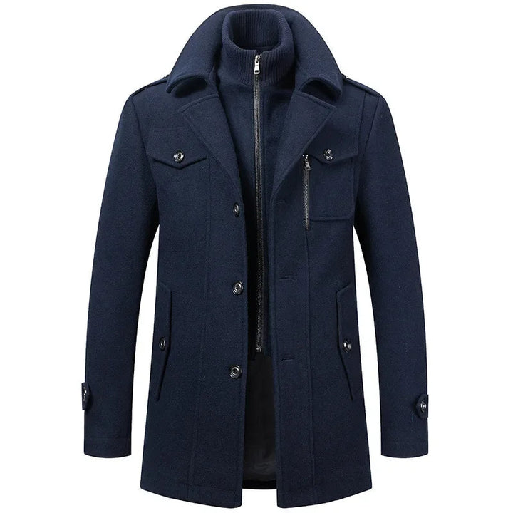Two-piece coat with high-neck layer, lapel collar and multiple pockets
