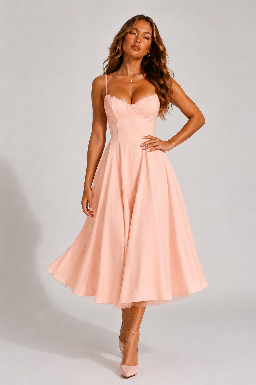 Women's Lace Trim Bustier Midi Dress, Tulle Hem Circle Skirt