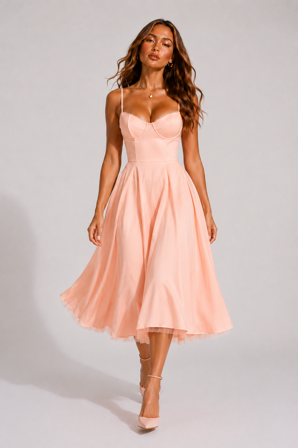 Women's Lace Trim Bustier Midi Dress, Tulle Hem Circle Skirt