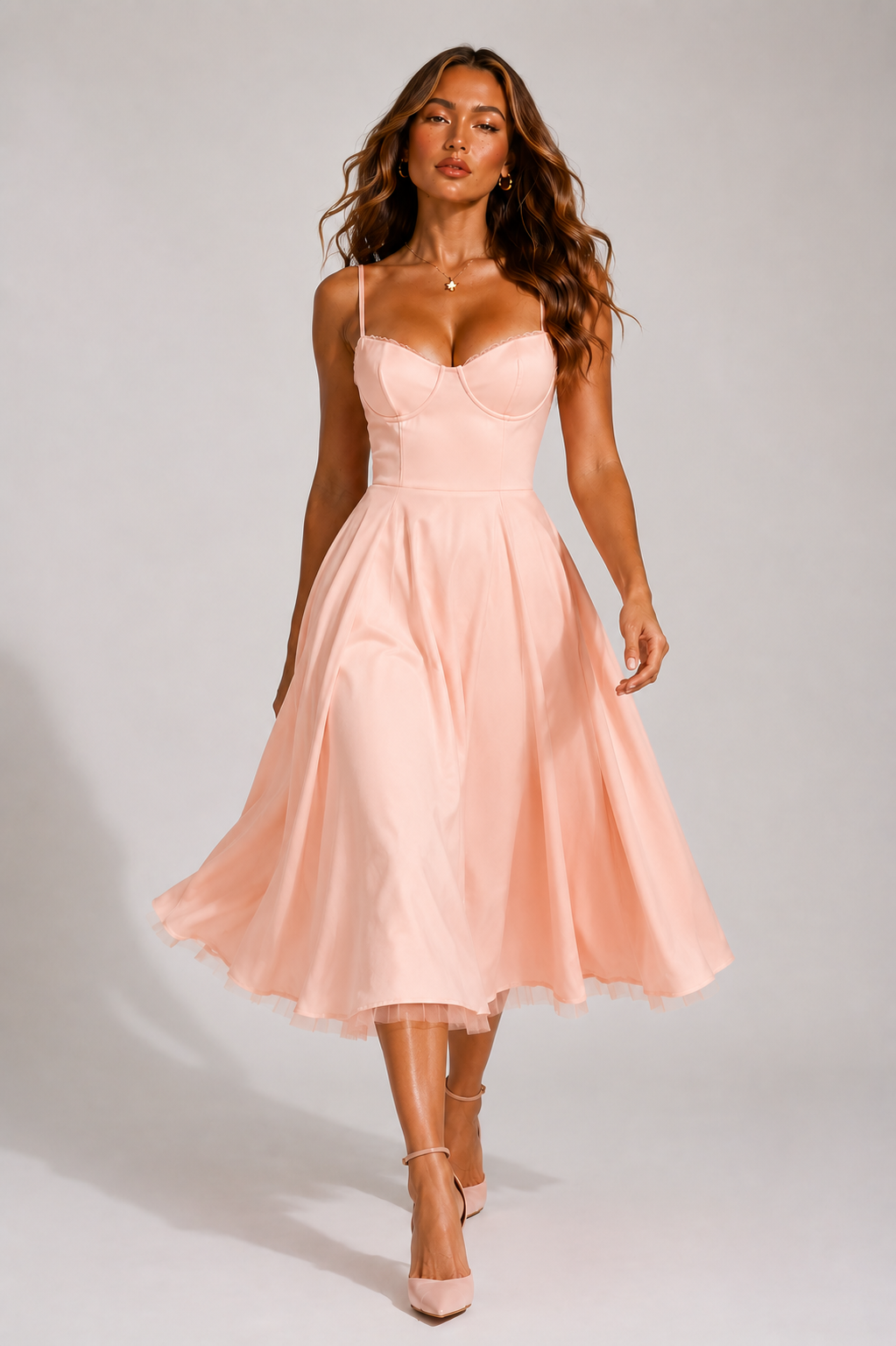 Women's Lace Trim Bustier Midi Dress, Tulle Hem Circle Skirt
