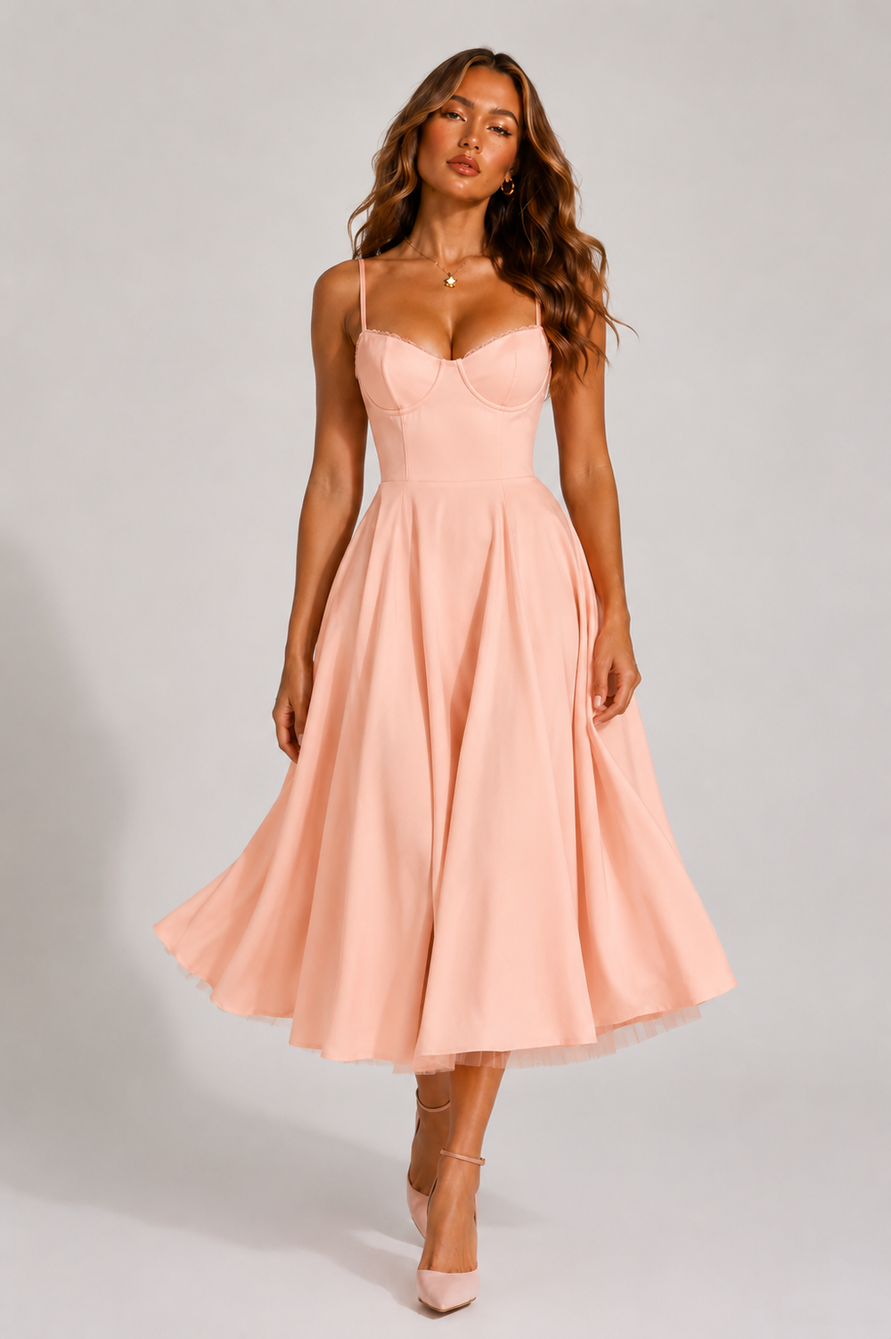 Women's Lace Trim Bustier Midi Dress, Tulle Hem Circle Skirt