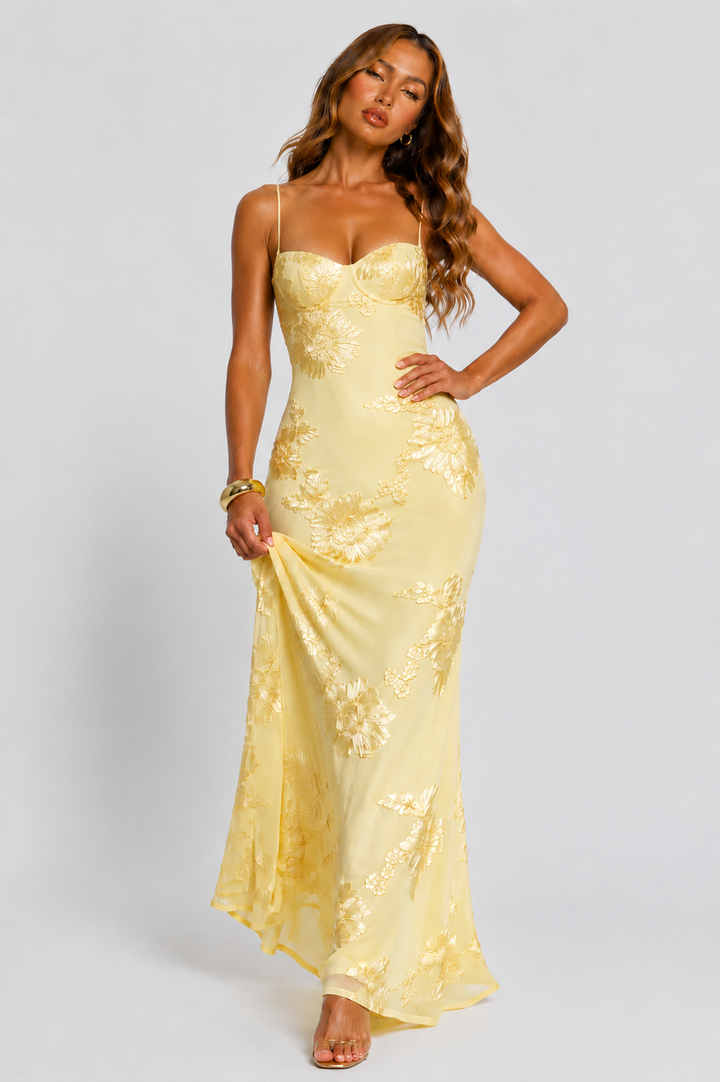 Women's Floral Appliqué Slip Maxi Dress with Fishtail Hem