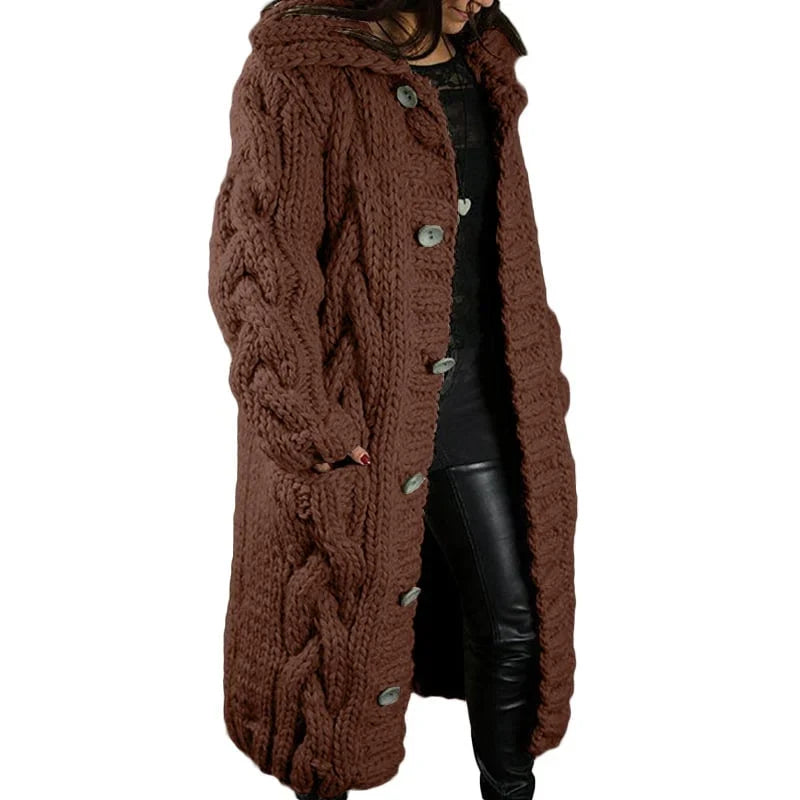 Women's longline cable-knit hooded cardigan with button front