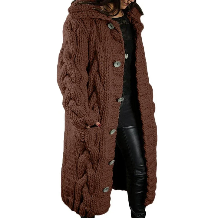 Women's longline cable-knit hooded cardigan with button front