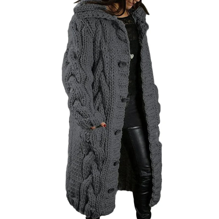 Women's longline cable-knit hooded cardigan with button front