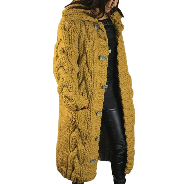 Women's longline cable-knit hooded cardigan with button front